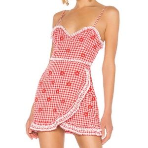 Revolve X by NBD Daima Red Gingham Bead Sequin Embellished Floral Wrap Dress
